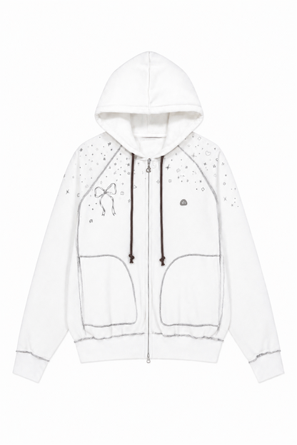 Bow Zip Hoodie - WHITE