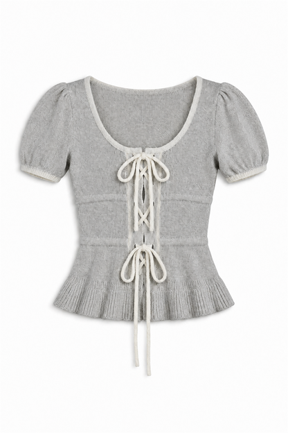 Lace-Up Knit Top - GRAY
