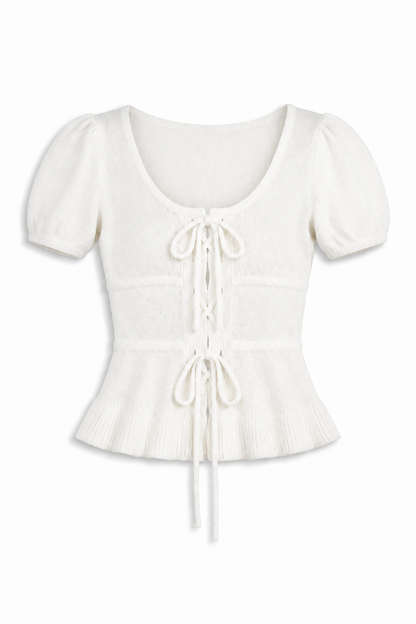 Lace-Up Knit Top - WHITE