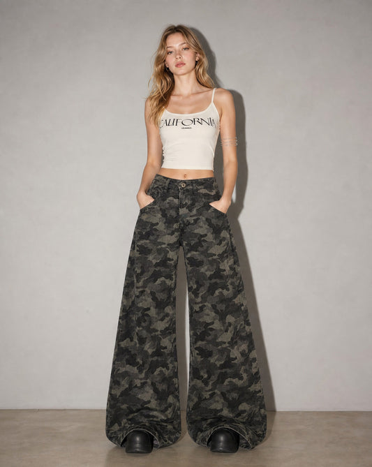 Camo High-Rise Wide Jeans