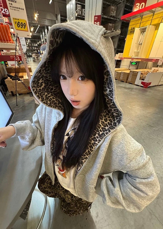 Leopard-Lined Bear ジップパーカー